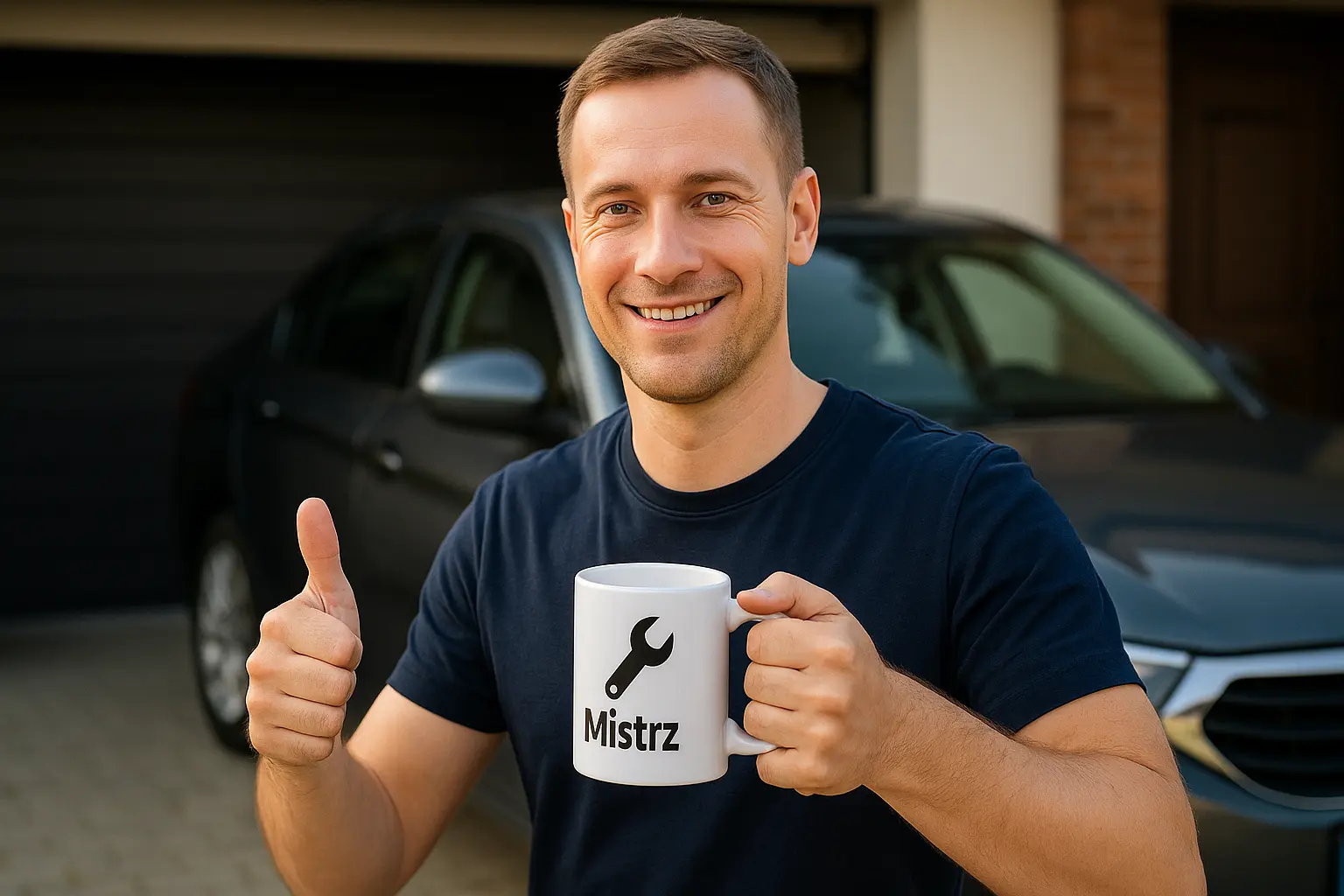 kubek z napisem "Mistrz" i grafiką klucza, prezent dla taty