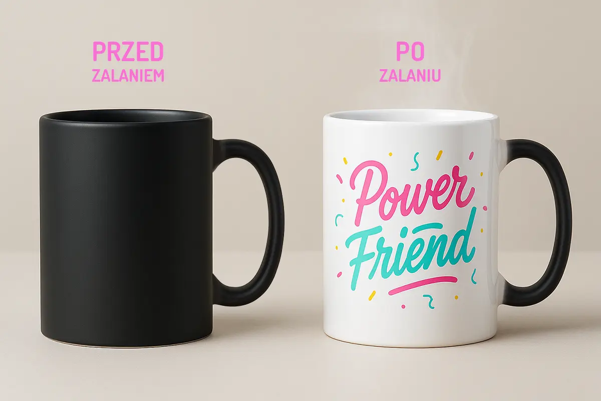 kubek magiczny przed zalaniem gorącym płynem i po zalaniu, prezent dla przyjaciółki