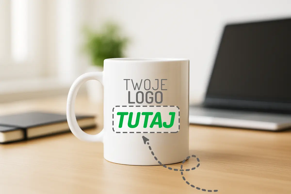 Kubek reklamowy z logo na biurku obok laptopa — gadżet firmowy w biurze.