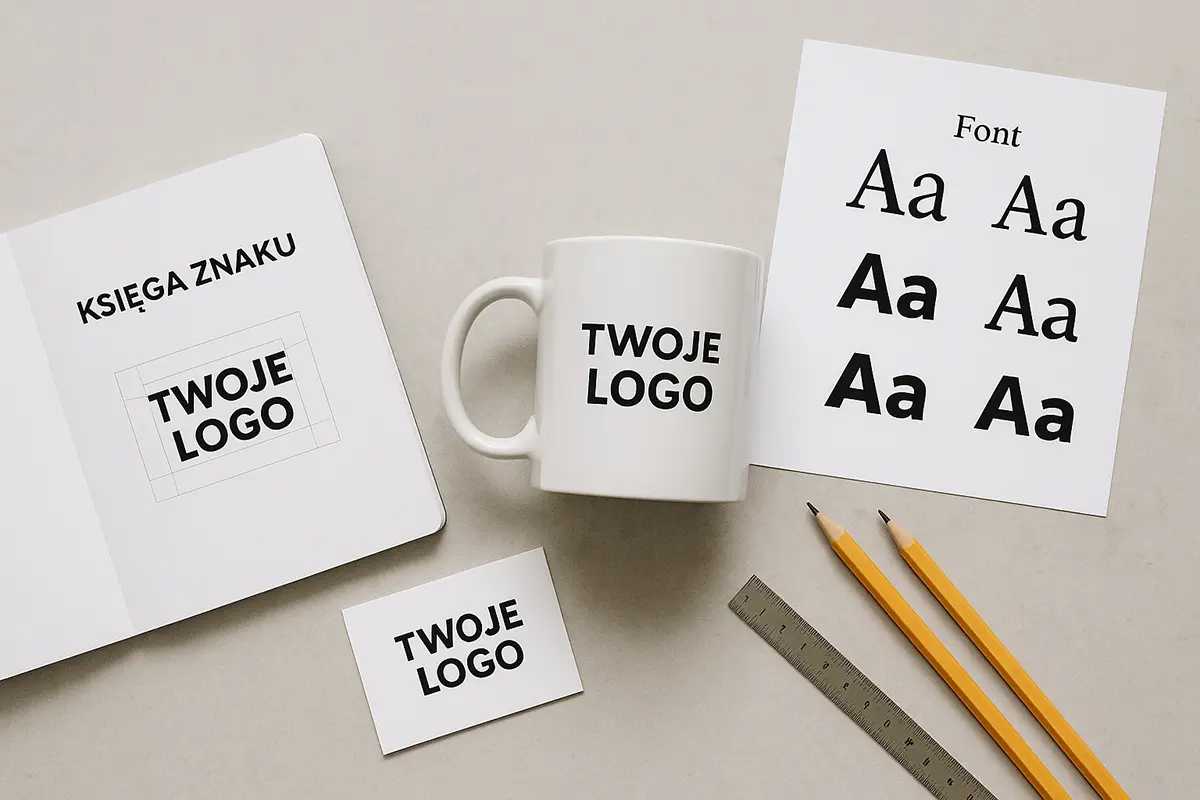kubek z logo obok księgi znaku, palety Pantone i arkusza fontów — spójny branding.