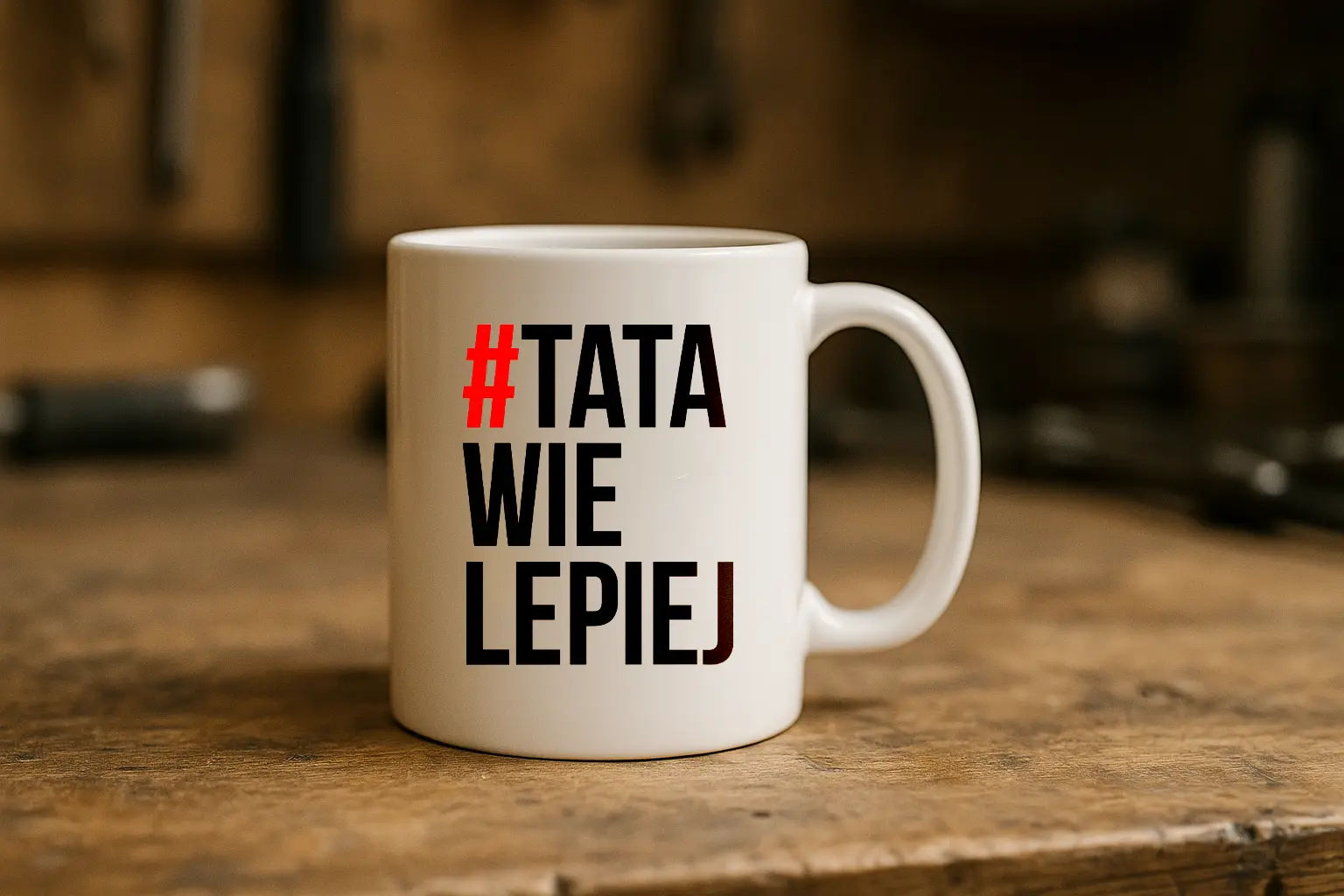 ubek z napisem "Tata wie lepiej" stojący na stole w warsztacie