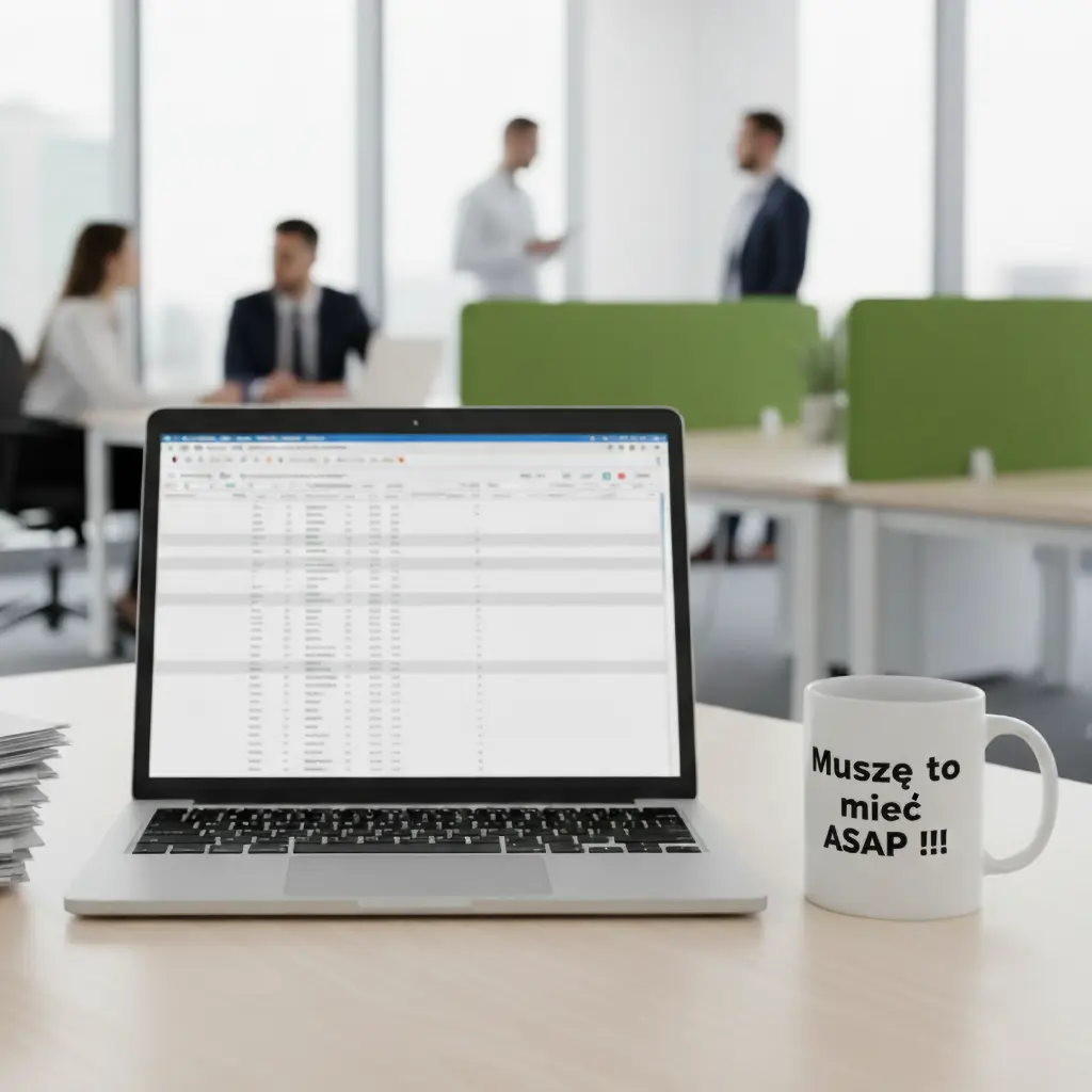 korporacyjne biurko, laptop, dokumenty, na biurku stoi biały kubek z zabawnym napisem "Muszę to mieć ASAP !!!"