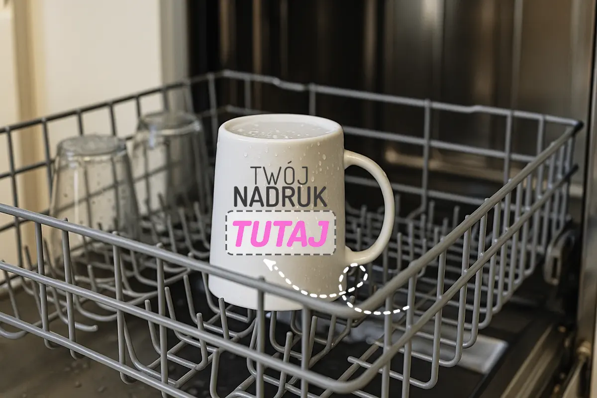 Odwrócony dnem do góry kubek z własnym nadrukiem na górnej półce zmywarki