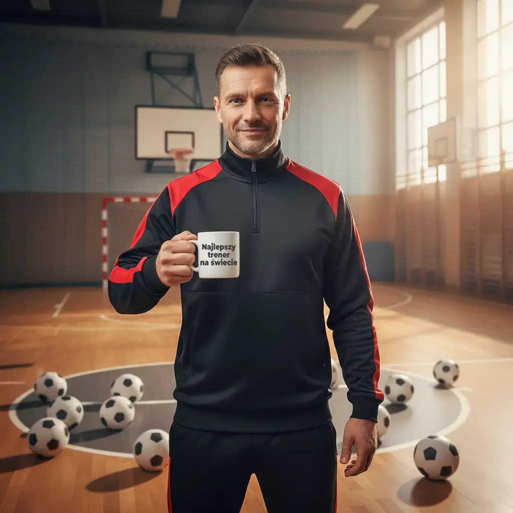 trener ubrany w dres na tle hali gimnastycznej, w tle porozrzucane piłki, trener trzyma w ręku biały kubek z napisem Najlepszy trener.