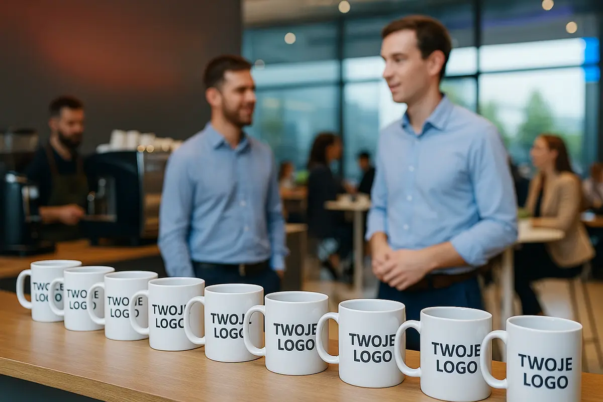 Event firmowy — rząd kubków reklamowych z logo na ladzie kawowej; w tle barista i uczestnicy przy stolikach.
