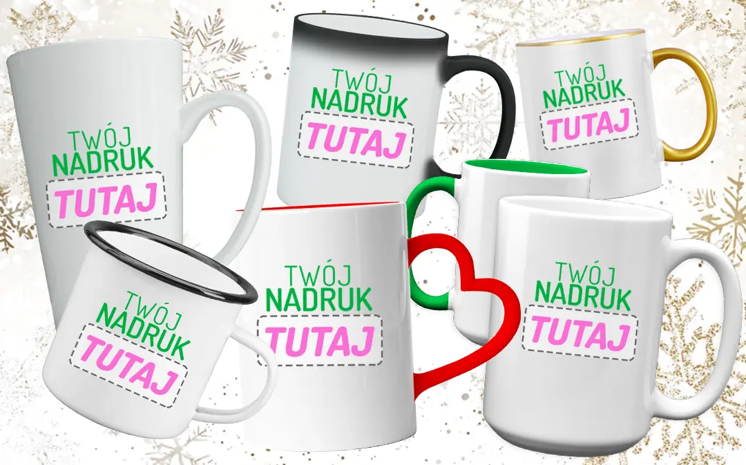 różne modele kubków na świątecznym tle