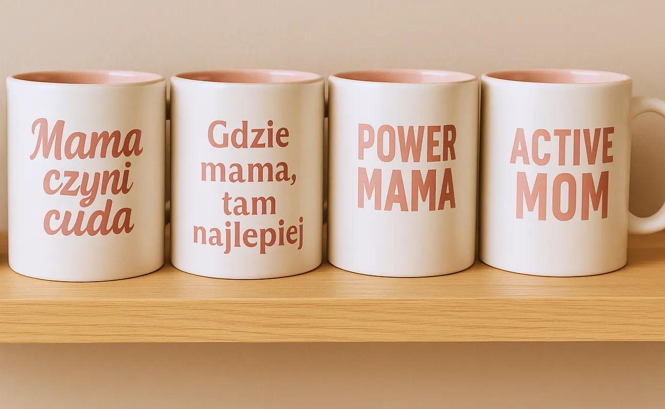 4 kubki z napisami dla mamy, stojące na półce