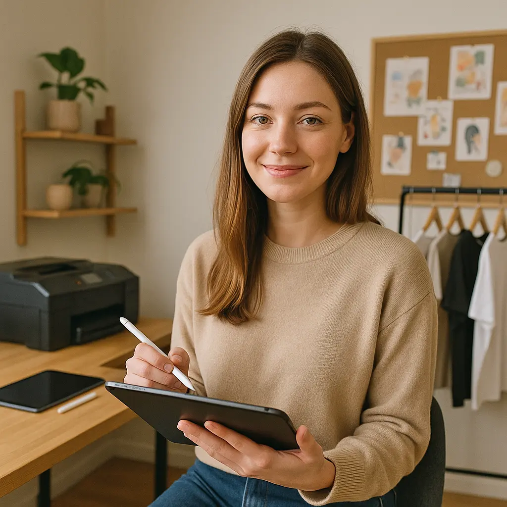 Projektantka w pracowni graficznej z iPadem — dołącz jako artysta w Marketplace T-shirt Gallery.