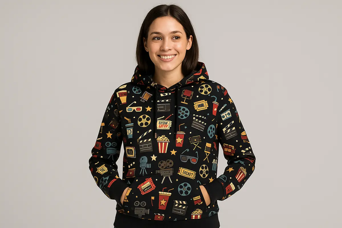 Modelka w bluzie fullprint z micro-printem z ikonami kina: klaps, taśma, kamera — wzór all-over