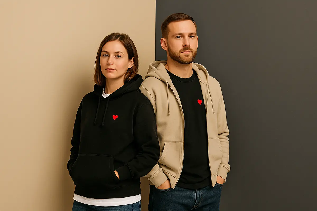 Para w spójnych koszulkach i bluzach dla par z małym czerwonym sercem, ujęcie studyjne na dwukolorowym tle