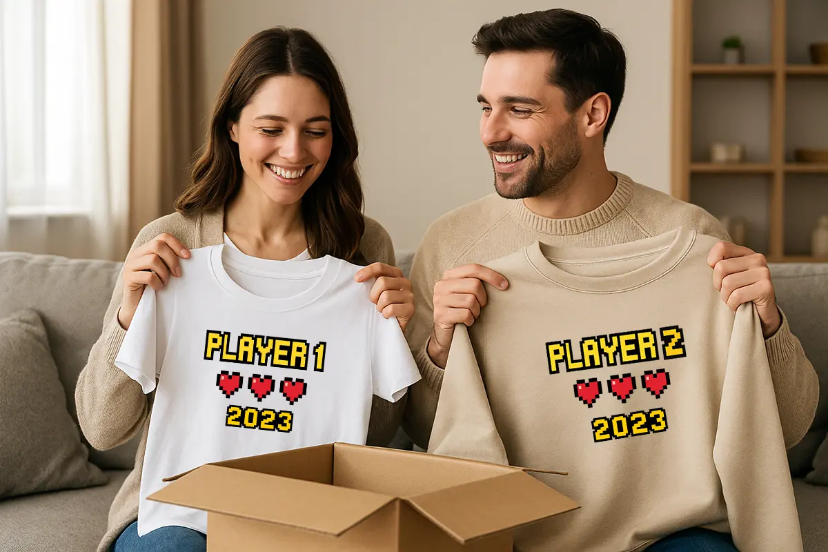 Para rozpakowuje przesyłkę z zestawem spersonalizowanych koszulek i bluz dla par