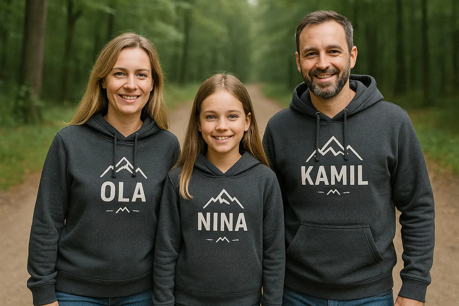 Mama Ola, córka Nina i tata Kamil w dopasowanych bluzach z własnym nadrukiem — imiona + grafika gór, spacer w lesie — bluzy matching dla rodziny.