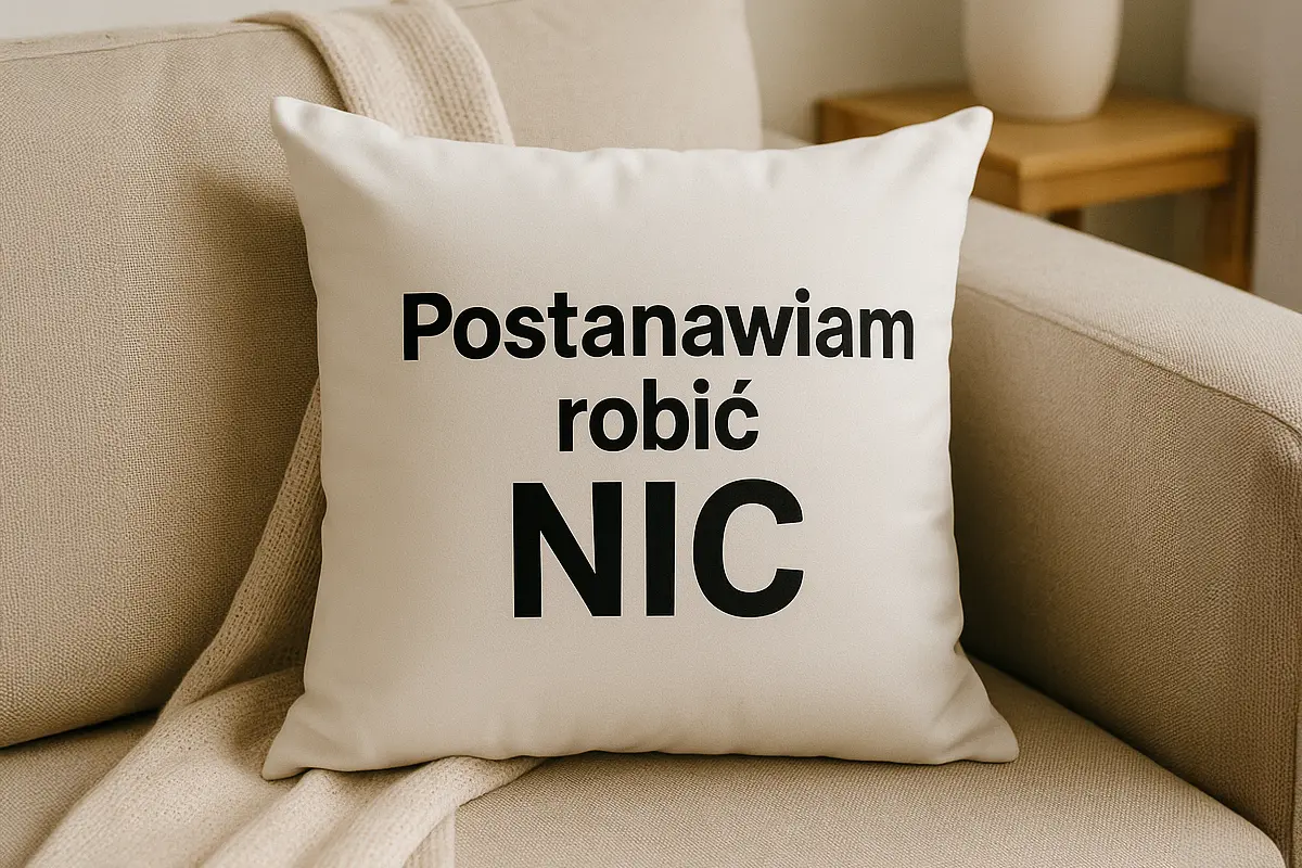 Poduszka z napisem „Postanawiam robić NIC” na beżowej kanapie z kocem — prezent dla mamy do salonu.