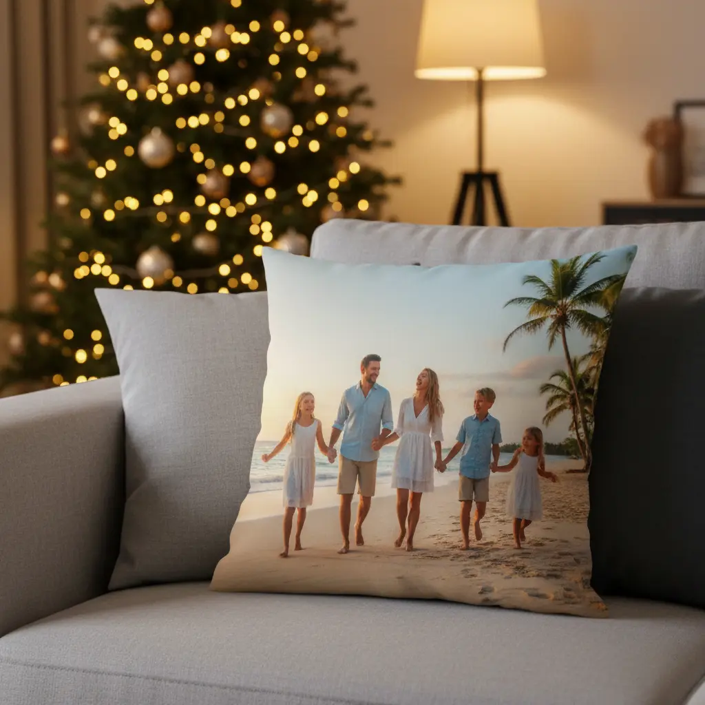 na kanapie położona poduszka z wakacyjnym zdjęciem całej rodziny, w tle choinka