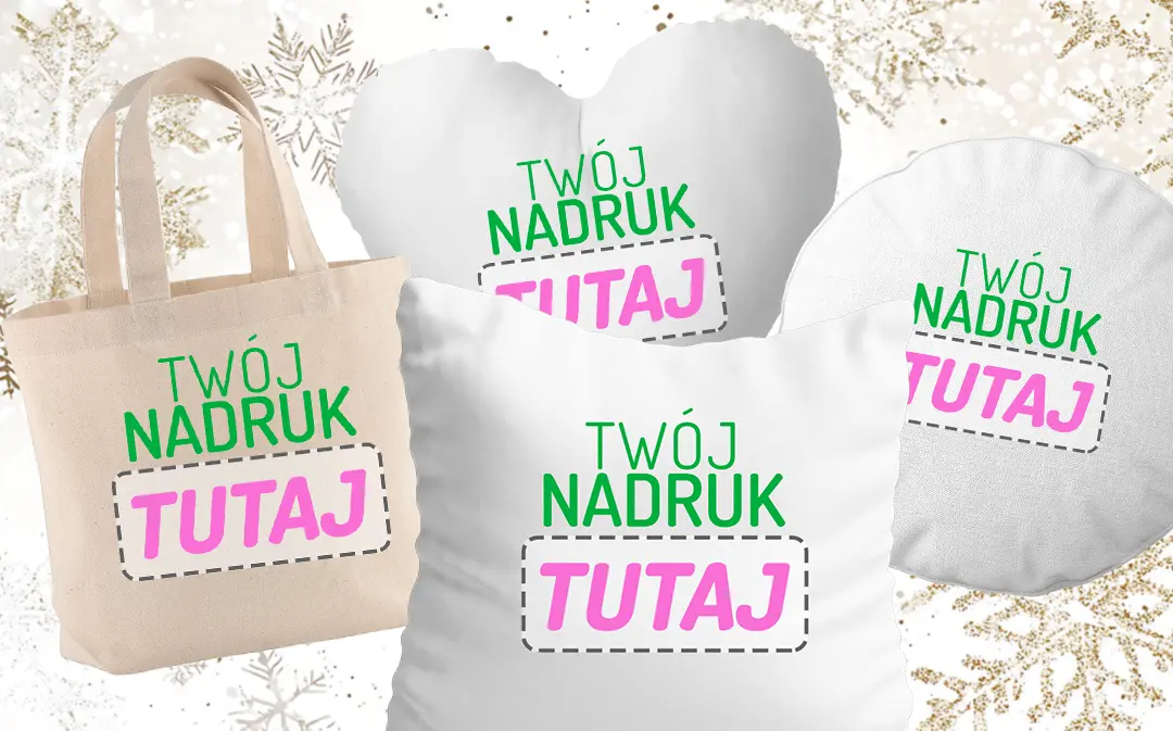 torba oraz różne rodzaje poduszek z własnym nadrukiem na świątecznym tle