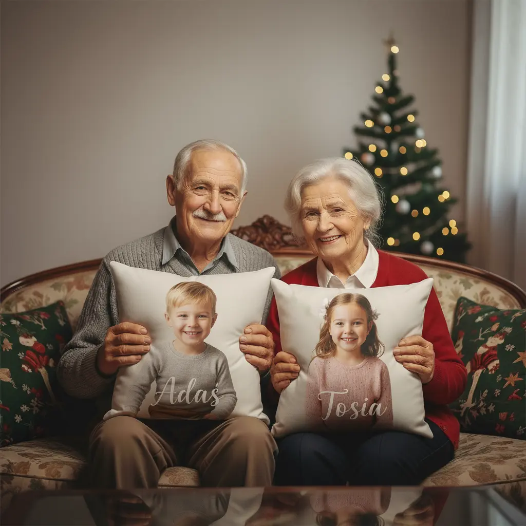 dwoje 70-latków na świątecznym tle, każde trzyma w ręku poduszkę z nadrukiem fullprint przedstawiającym zdjęcie ich wnuków. Na jednej poduszce chłopcy z podpisem Adaś, na drugim dziewczynka z podpisem Tosia
