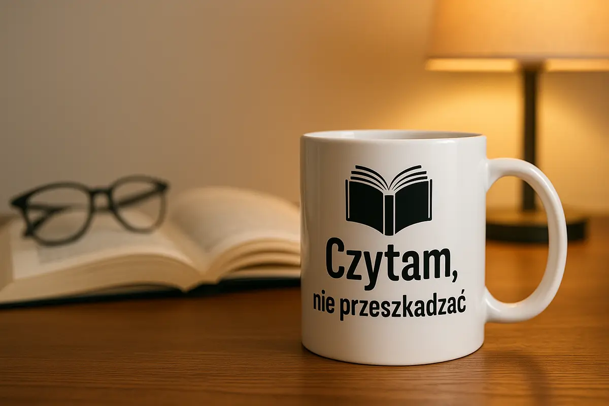 Kubek z napisem „Czytam — nie przeszkadzać” na drewnianym stole, w tle otwarta książka i okulary — praktyczny prezent dla mamy.