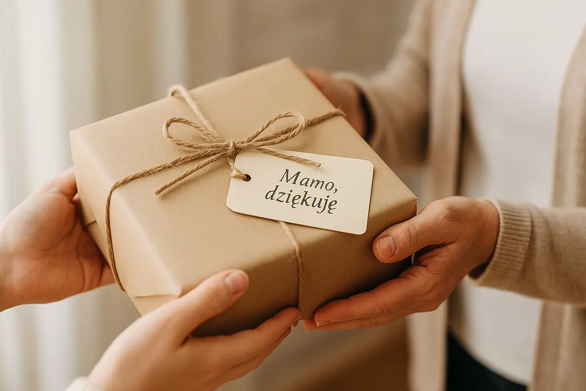 Zbliżenie dłoni przekazujących zapakowany prezent z bilecikiem „Mamo, dziękuję” na jasnym domowym tle — pomysł na prezent dla mamy.