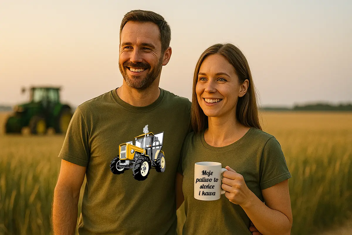 Para rolników o świcie; koszulka z traktorem i kubek Paliwo: kawa i słońce — prezent dla rolnika