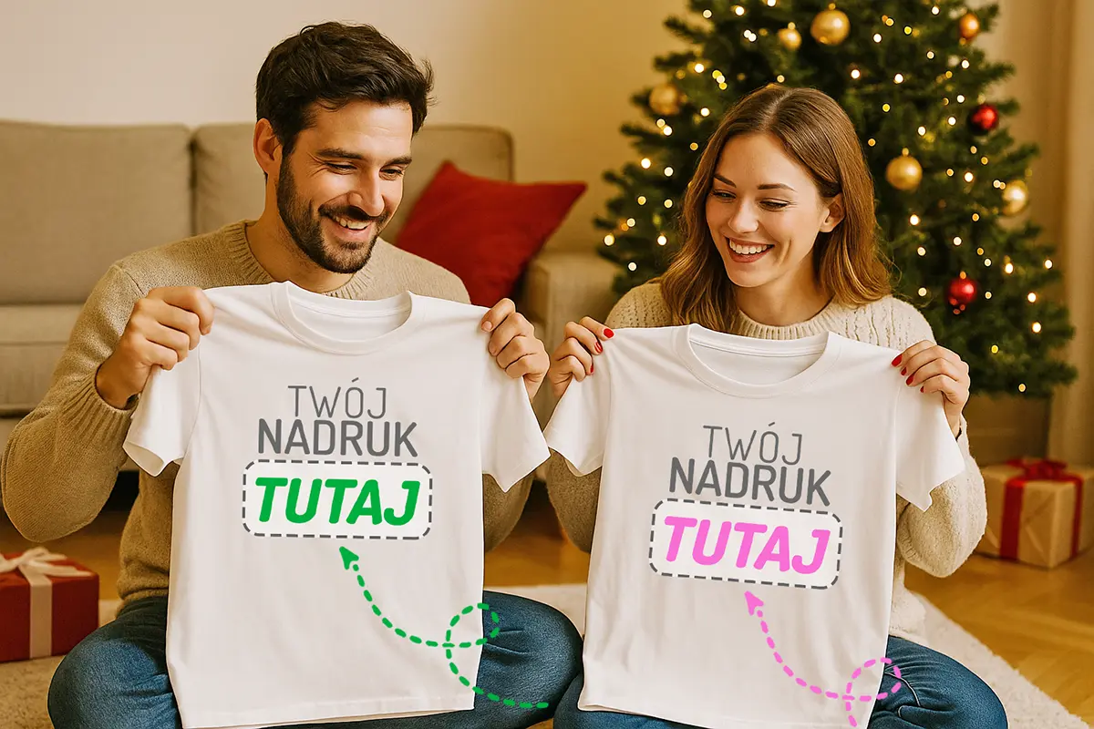 para przy choince rozpakowuje pudełko z dwiema koszulkami z personalizowanym nadrukiem; ciepłe świąteczne światło