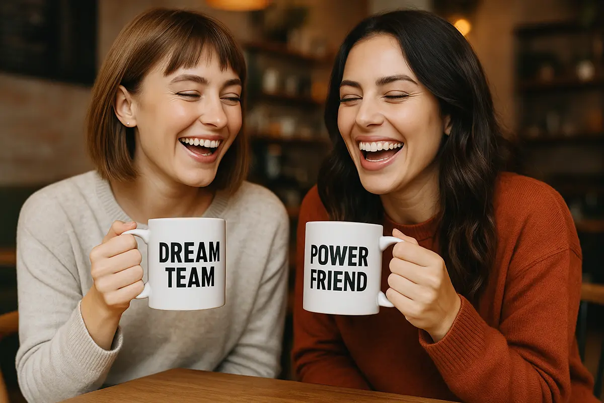 dwie przyjaciółki z kubkami z napisami "Dream Team" oraz "Power Friend"