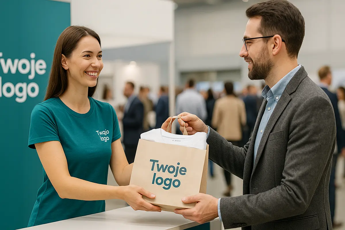 Przedstawicielka wręcza odwiedzającemu złożoną koszulkę z logo w torbie; w tle tłum i ekspozycja.