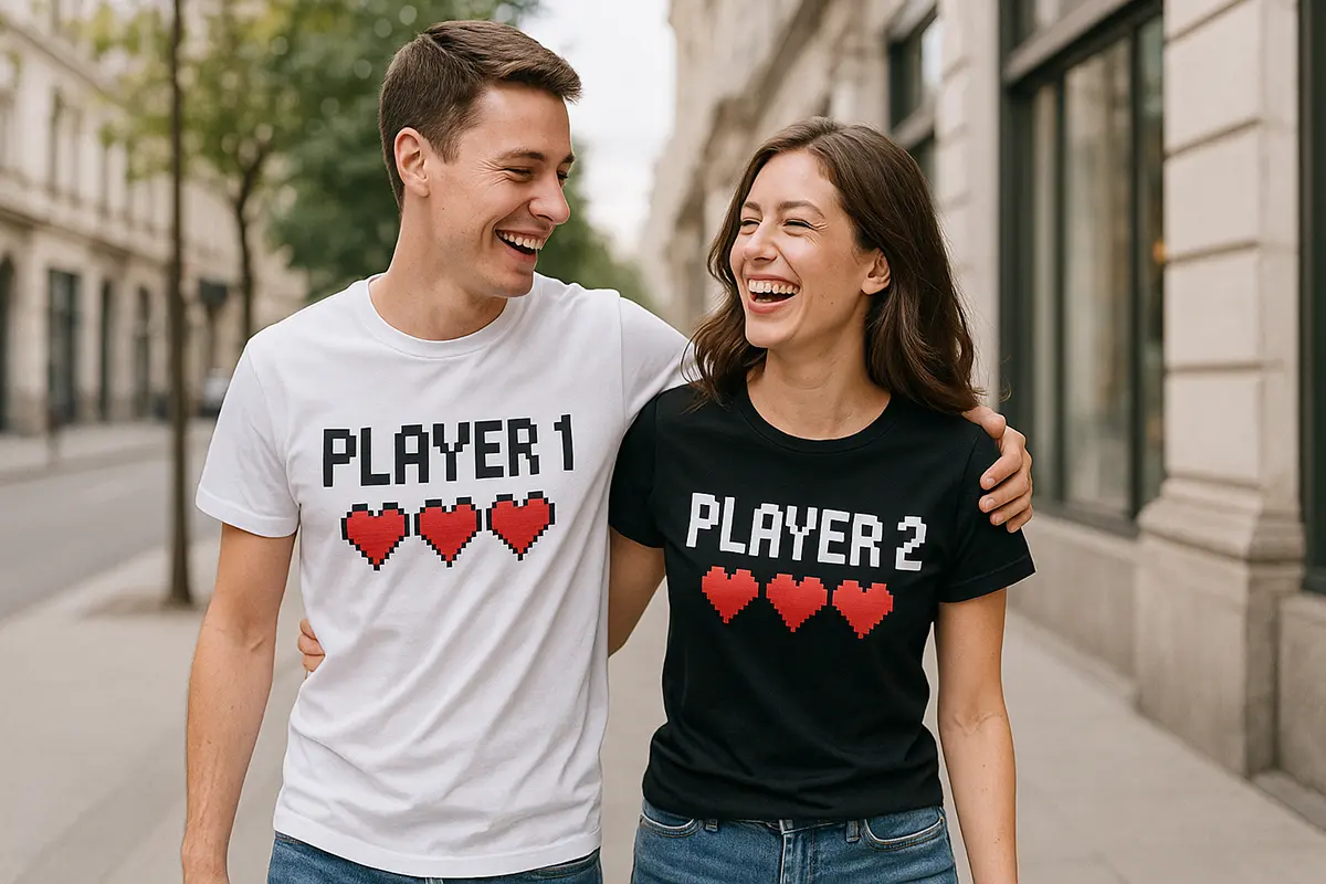 Para śmieje się w matching koszulkach podczas spaceru; miejski kadr.