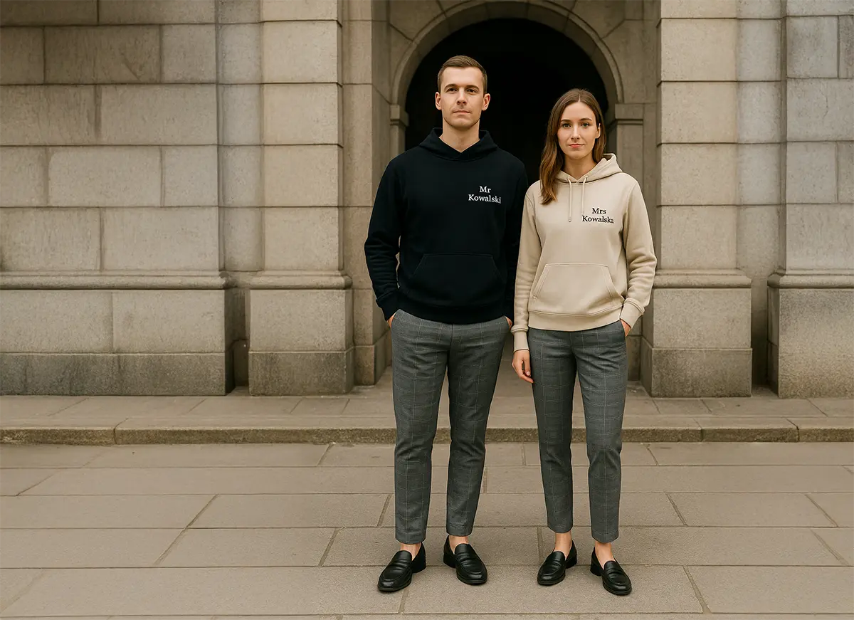 Elegancka stylizacja na wyjście: spodnie w kratę, mokasyny i subtelne bluzy małżeńskie MR i MRS z nazwiskiem