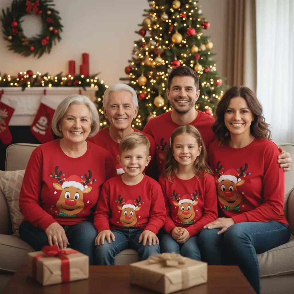 świąteczne zdjęcie rodziny: dziadek, babcia, mam, tata, syn i córka, wszyscy w identycznych czerwonych bluzach z nadrukiem świątecznego renifera