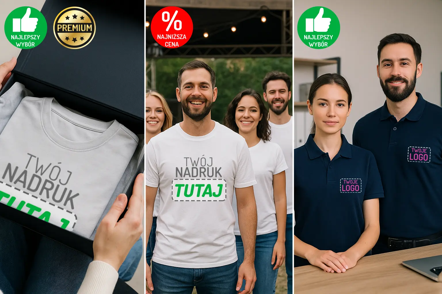 Tryptyk: koszulka z własnym nadrukiem jako prezent w pudełku, grupa na evencie w białych T-shirtach oraz pracownicy w granatowych koszulkach polo z logo — porównanie zastosowań i kosztów.
