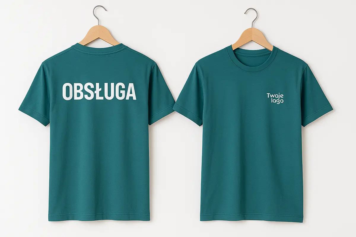 Nadruk na plecach ze stanowiskiem i małe logo na piersi — profesjonalny układ nadruków dla firm