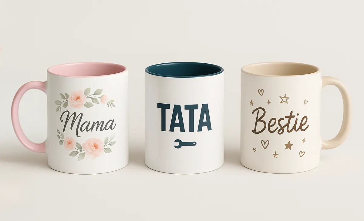Trzy kubki z nadrukami dla mamy, taty i przyjaciółki, studyjne tło.