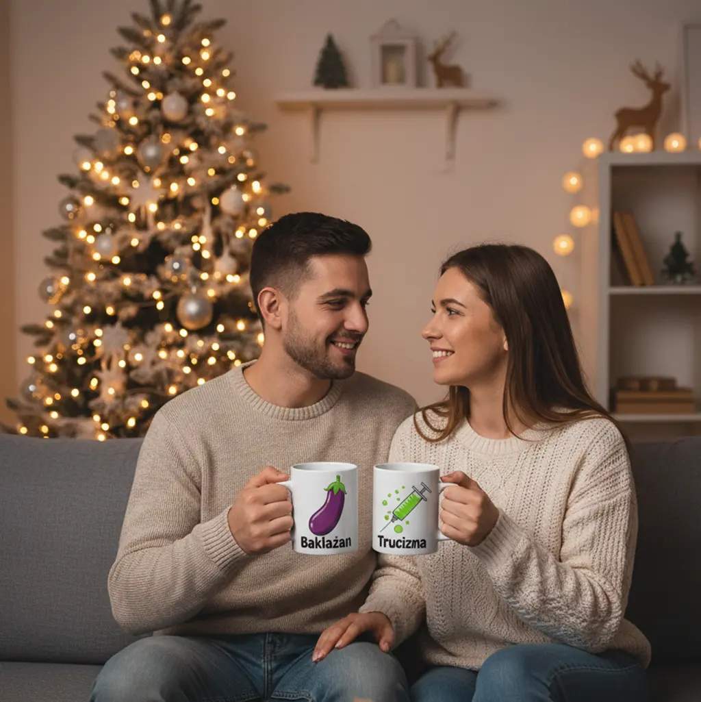 małe przytulne mieszkanko, w tle choinka i drobne świąteczne ozdoby, na kanapie siedzi para z białymi kubkami w ręczę. Na kubku mężczyzny napis Bakłażan i rysunek bakłażana, na kubku kobiety napis Trucizna i grafika strzykawki z zieloną substancją w środku