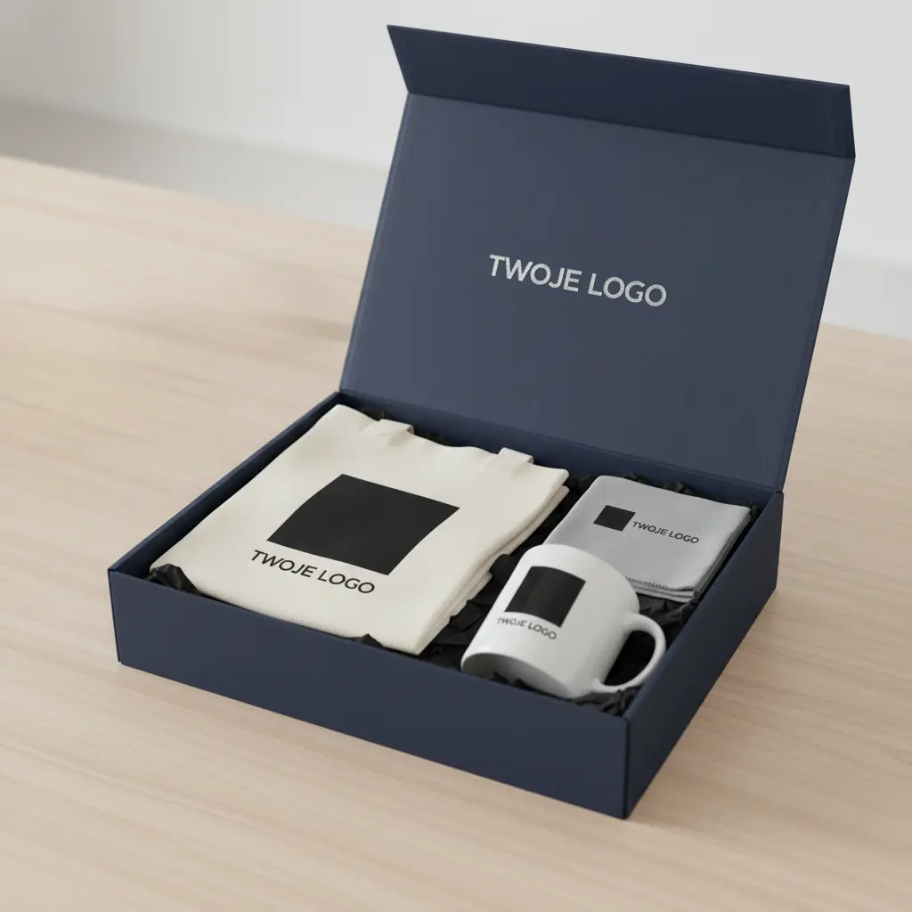 na stole otwarte pudełko z gadżetami dla klienta firmy, torba bawełniana, kubek oraz ściereczka do okularów. Na każdym napis "Twoje logo"