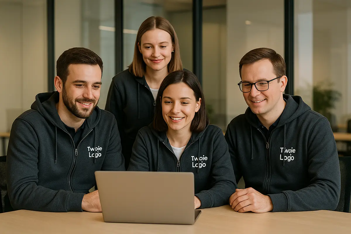 Czworo pracowników w biurze w bluzach rozpinanych z własnym nadrukiem; małe firmowe logo na piersi.
