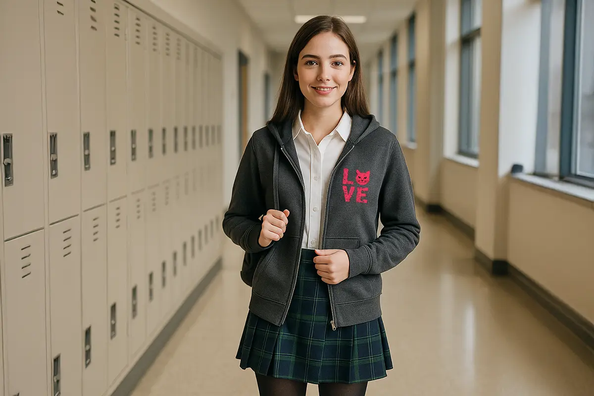 bluza rozpinana, szkolna stylizacja z białą koszulą i spódniczką