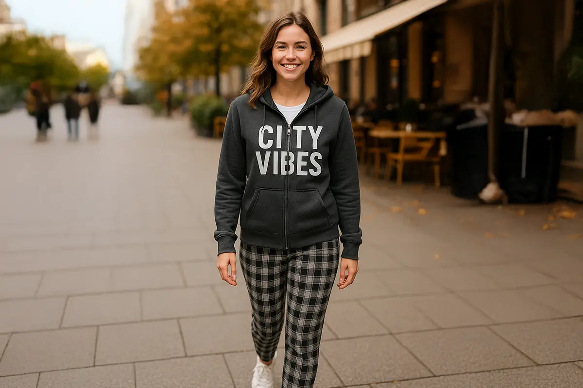 bluza rozpinana, stylizacja z kraciastymi spodniami i sneakersami