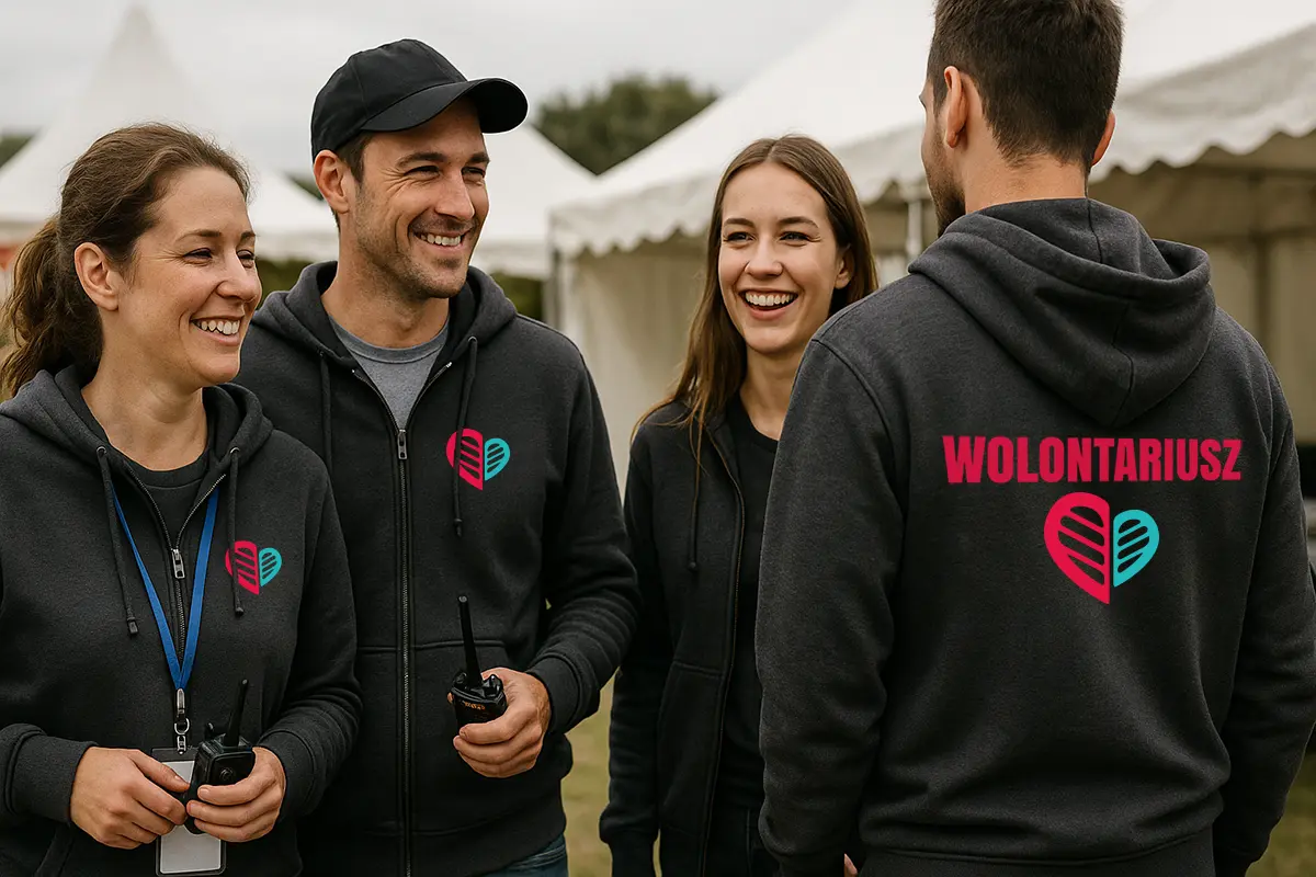 Cztery osoby z obsługi wydarzenia w bluzach rozpinanych z własnym nadrukiem: logo z przodu i WOLONTARIUSZ na plecach.
