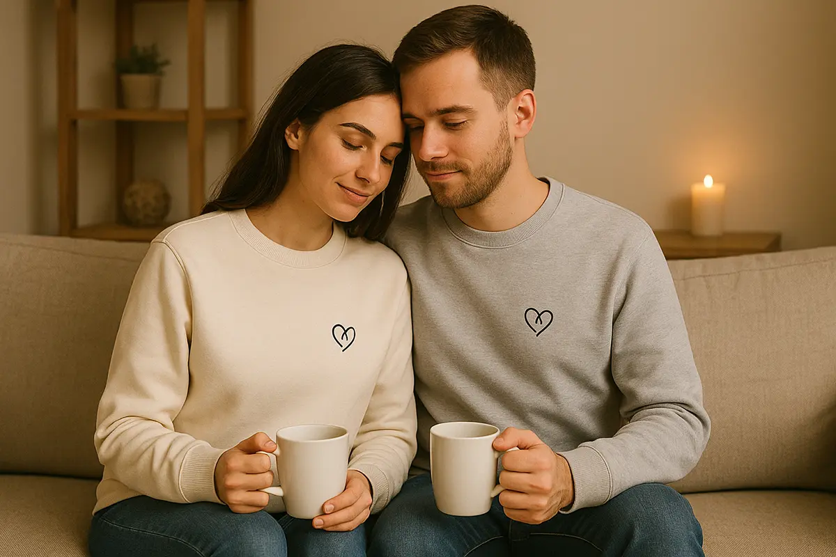Para w jasnych bluzach crewneck dla par, subtelny monogram na piersi, kubki w dłoniach, przytulny klimat hygge w domu.