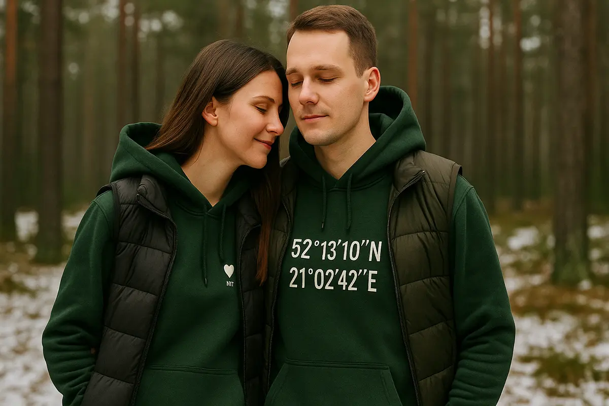 Zakochani w zielonych bluzach z kapturem, zimowy las, puchowe kamizelki rozpięte, personalizowane współrzędne nadrukowane na przodzie męskiej bluzy