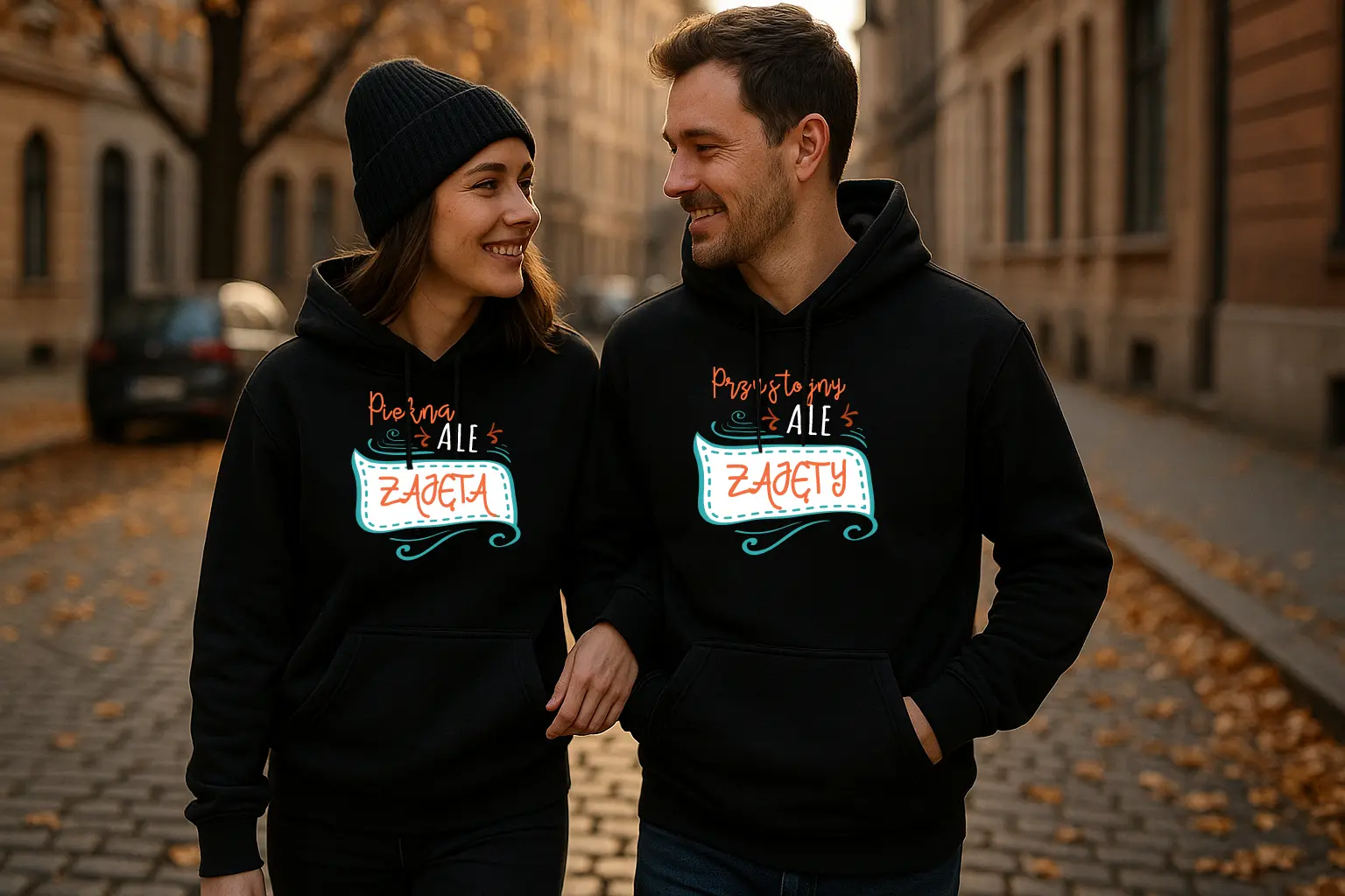 Para w czarnych bluzach z kapturem dla zakochanych, jesienny spacer po mieście