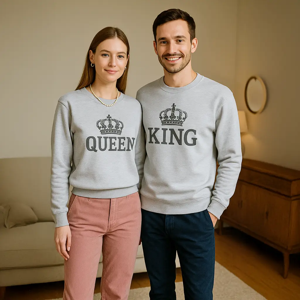 para w szarych bluzach bez kaptura z motywem KING QUEEN. Stylizacja na spotkanie rodzinne.