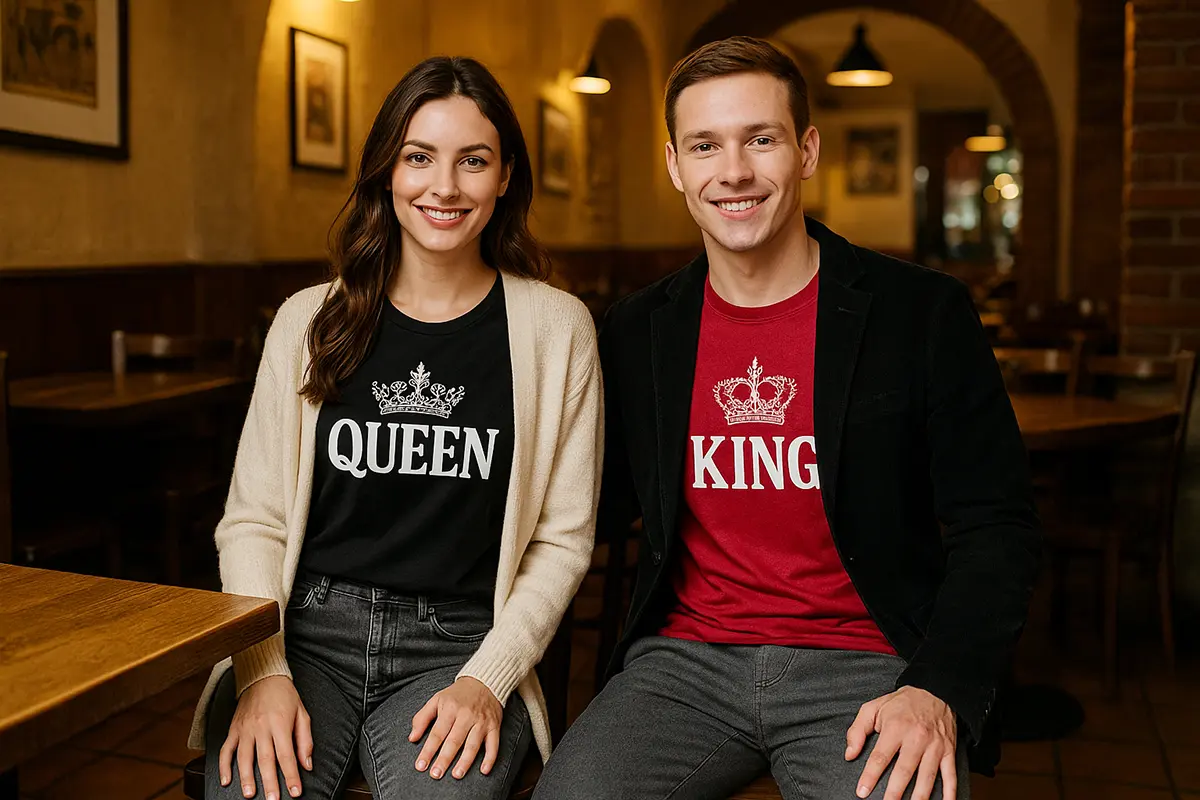 para w koszulkach z motywem KING QUEEN w restauracji. Ona w czarnej koszulce i beżowym kardiganie, on w czerwonej koszulce i czarnyj marynarce. Styl smart-casual.