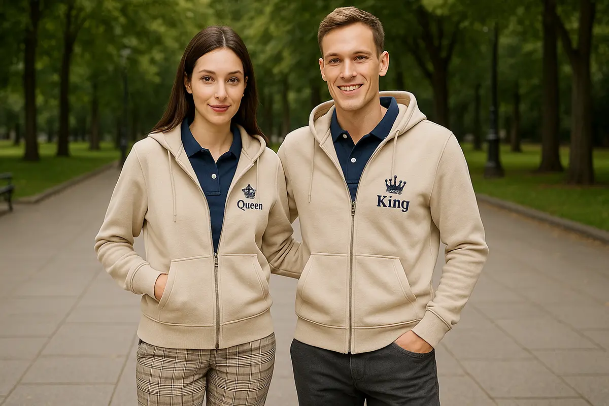 para w rozpinanych, beżowych bluzach z motywem KING QUEEN. Obydwoje pod spodem mają granatowe polo.