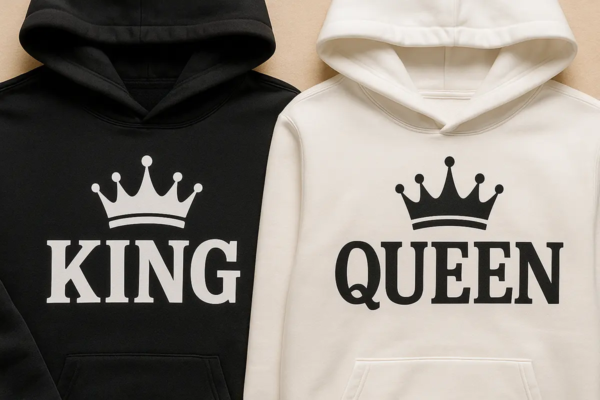 bluzy dla par z motywem KING QUEEN, zbliżenie na nadruk