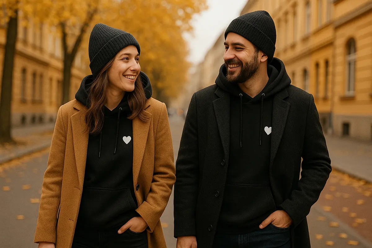 Para w czarnych bluzach z kapturem dla zakochanych, płaszcze wełniane i czapki beanie; jesienny spacer w mieście, kaptur z bluzy wyciągnięty na kołnierz.