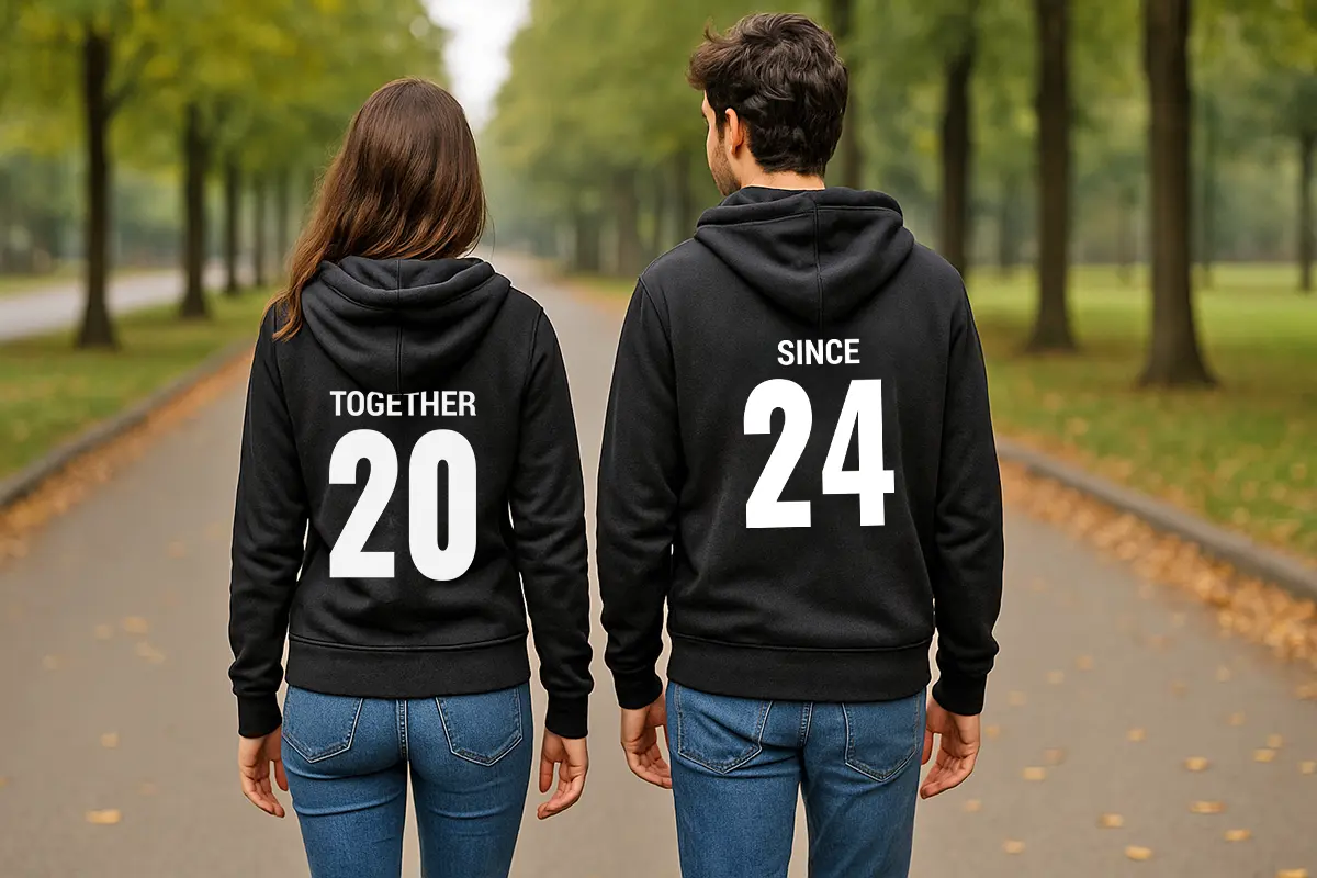 para w czarnych bluzach z kapturem podczas spaceru, na jej bluzie duży napis TOGETHER 20, na jego bluzie SINCE 24