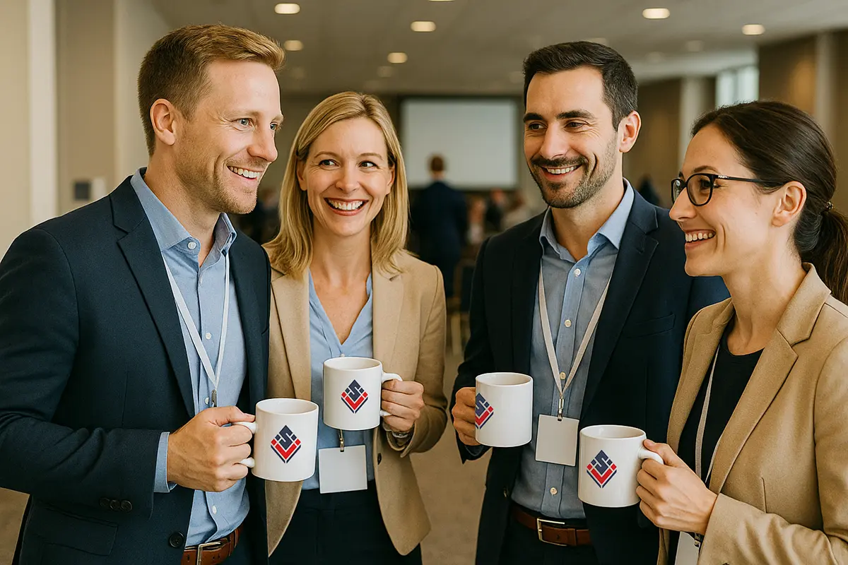 4 pracowników podczas konferencji, w rękach trzymają firmowe kubki z logo