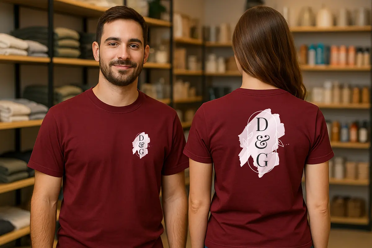 Dwóch pracowników w sklepie w bordowych koszulkach firmowych – mężczyzna przodem z małym logo na piersi i kobieta tyłem z dużym logo na plecach, pokazany układ nadruku przód i tył