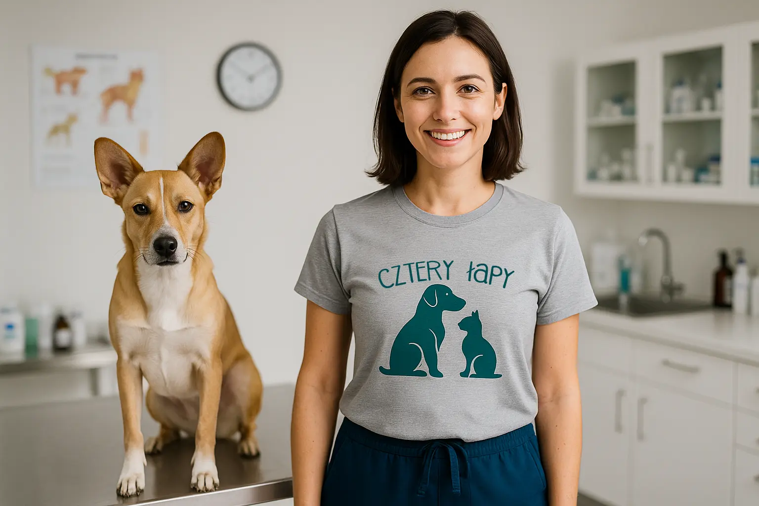 Weterynarz w szarej koszulce firmowej z nadrukiem CZTERY ŁAPY stojący obok psa w nowoczesnym gabinecie